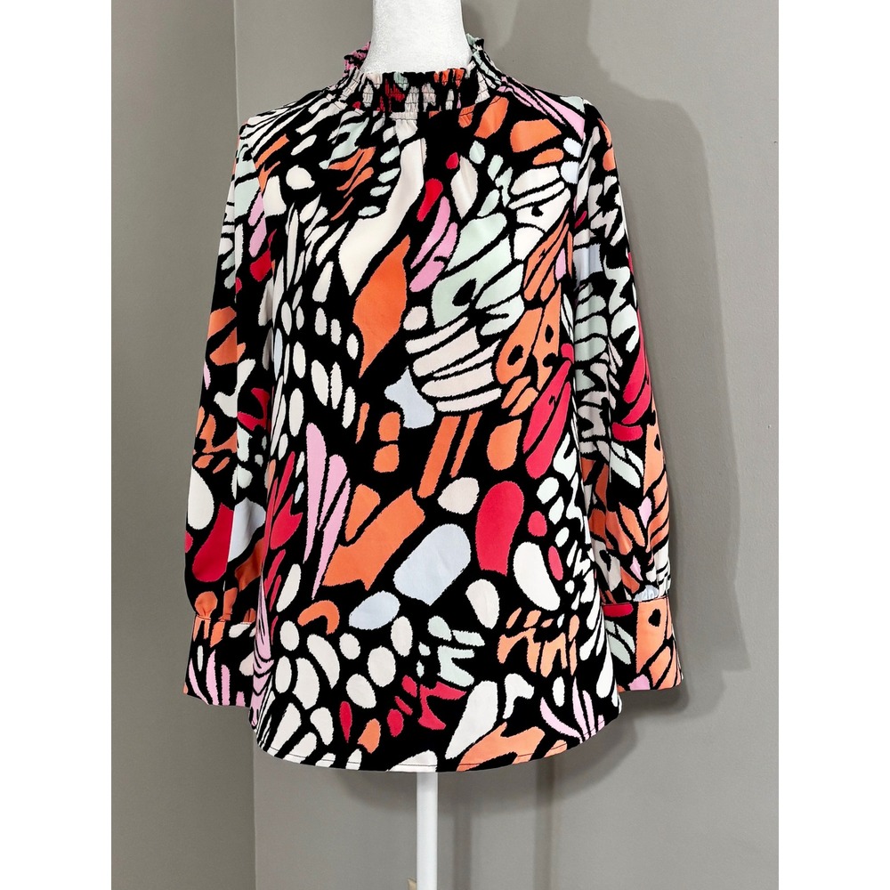 JODIFL Abstract Blouse Floral Colorful Long Sleeve Boho Top Smocked Women Small